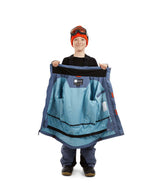 RumbleJacket- A child wearing a blue snowboard jacket, black gloves, and an orange beanie with ski goggles on a white background.
