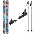 Rustler11w_Strive14-A ski bundle featuring a pair of Blizzard Rustler 11 skis with a vibrant blue, orange, and pink abstract graphic on a dark gray base, paired with black ski bindings, two black ski poles, and a black glove on a solid white background.