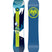 SHREDDER- Blue snowboard with tree and mountain graphic on the topsheet and a blue and green base on a white background