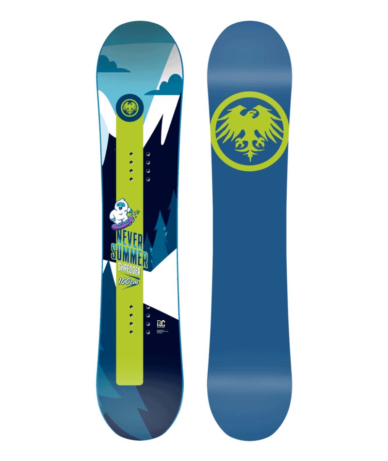 SHREDDER- Blue snowboard with tree and mountain graphic on the topsheet and a blue and green base on a white background