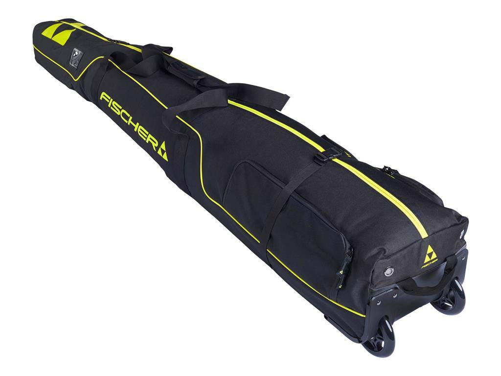 SKICASE1PAIR- A black Fischer ski bag with bright yellow accents, featuring a telescoping design, multiple zippered compartments, and a wheeled bottom, shown on a plain white background.