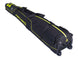 SKICASE1PAIR- A black Fischer ski bag with bright yellow accents, featuring a telescoping design, multiple zippered compartments, and a wheeled bottom, shown on a plain white background.