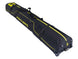 SKICASE2- A black Fischer ski bag with bright yellow accents, featuring a telescoping design, multiple zippered compartments, and a wheeled bottom, shown on a plain white background.