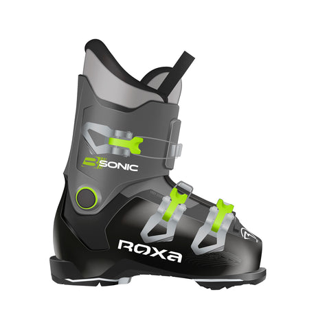 Sonic3-Roxa Sonic 3 GW Youth Ski Boots in black with green buckles and accents, featuring a three-buckle closure system and branding on the side.