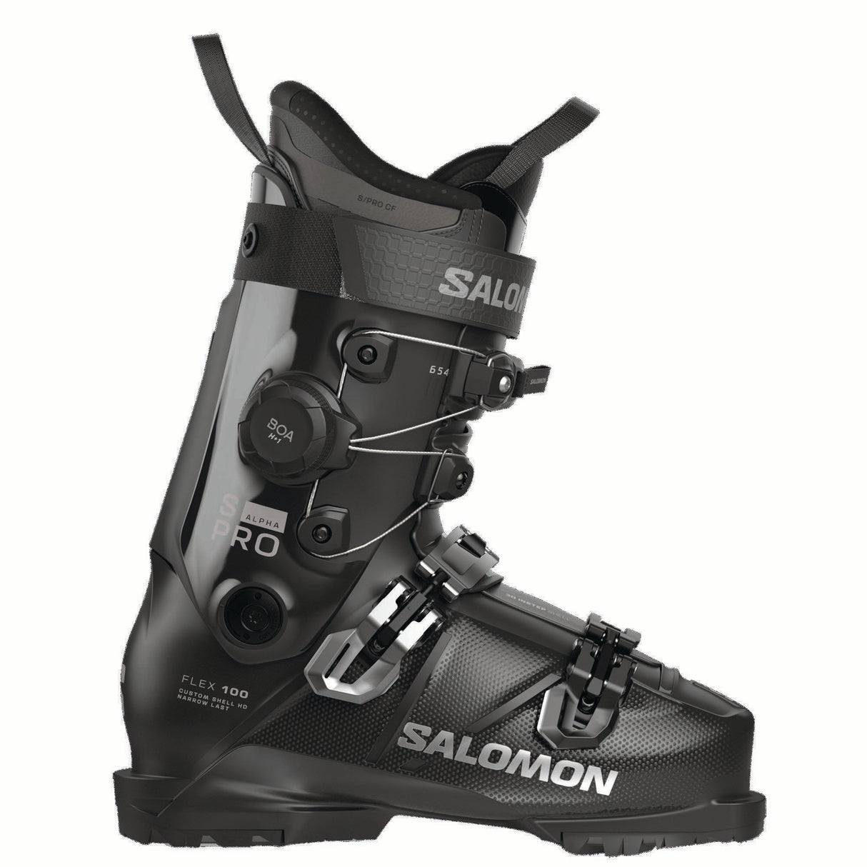 SPROALPHACBOA100-Black Salomon ski boot on a white background