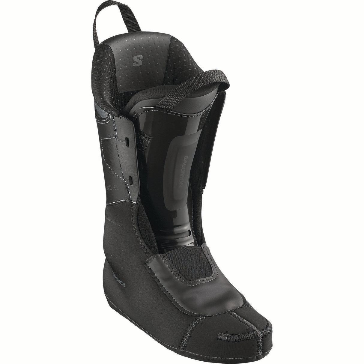 SPROALPHACBOA100-Black Salomon ski boot on a white background