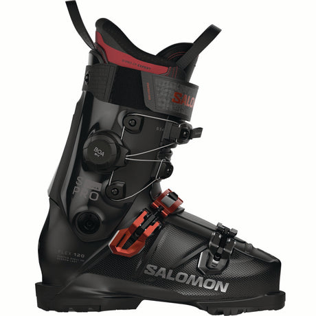 SPROALPHACBOA120-Black and red Salomon ski boot on a white background