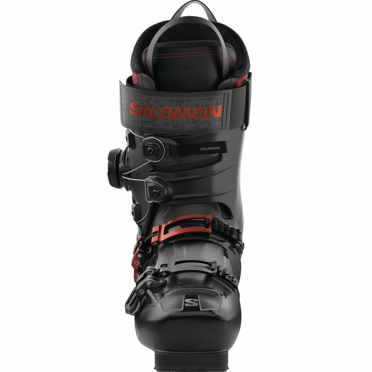 SPROALPHACBOA120-Black and red Salomon ski boot on a white background