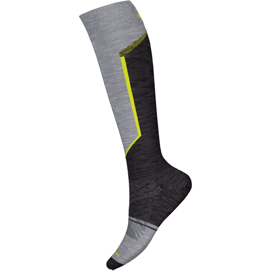 Ski Targeted Cushion Extra Stretch OTC Sock-Knee-high sock with gray and black pattern on a white background