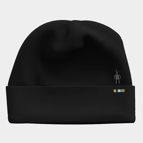 Thermal Merino Reversible Cuffed Beanie- Black beanie with a small logo on a light gray background