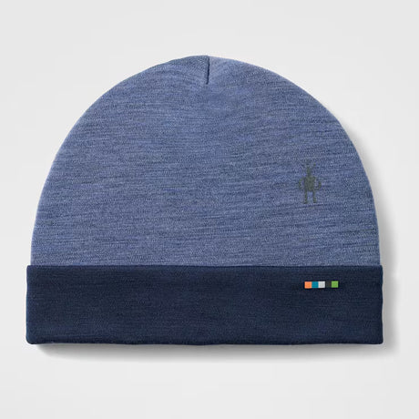 Thermal Merino Reversible Cuffed Beanie-Blue beanie with a brand logo on a light gray background