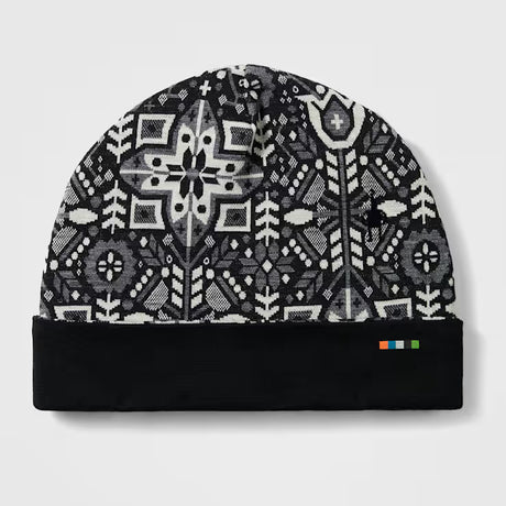 Thermal Merino Reversible Cuffed Beanie-Black and white patterned beanie on a light gray background