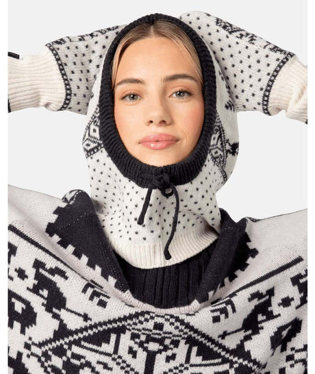 SagaKnitBalaclava- Cream, black, and hot pink balaclava on a white background