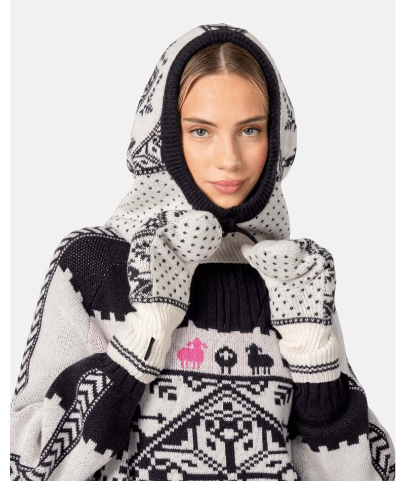 SagaKnitBalaclava- Cream, black, and hot pink balaclava on a white background