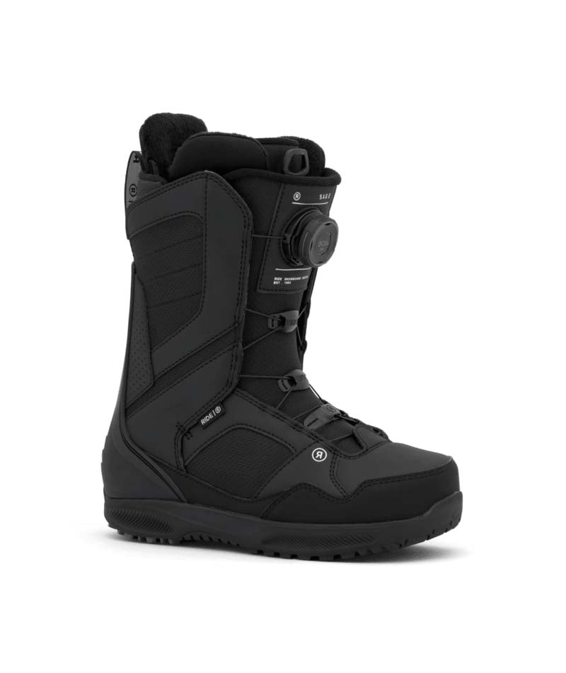 Sage- Black snowboard boot on a white background