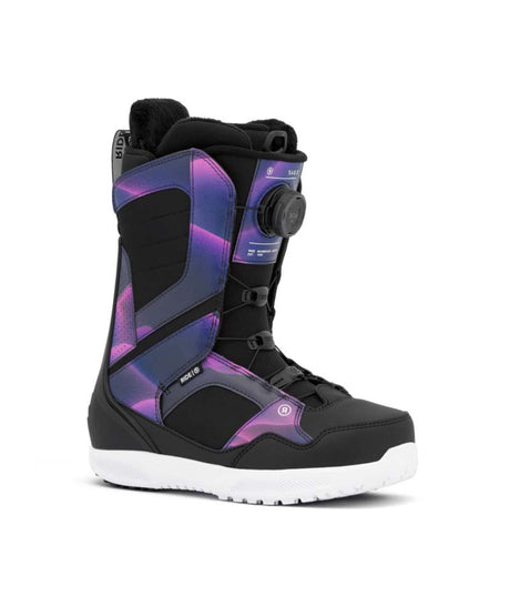 Sage- Black and purple snowboard boot on a white background