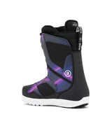 Sage- Black and purple snowboard boot on a white background