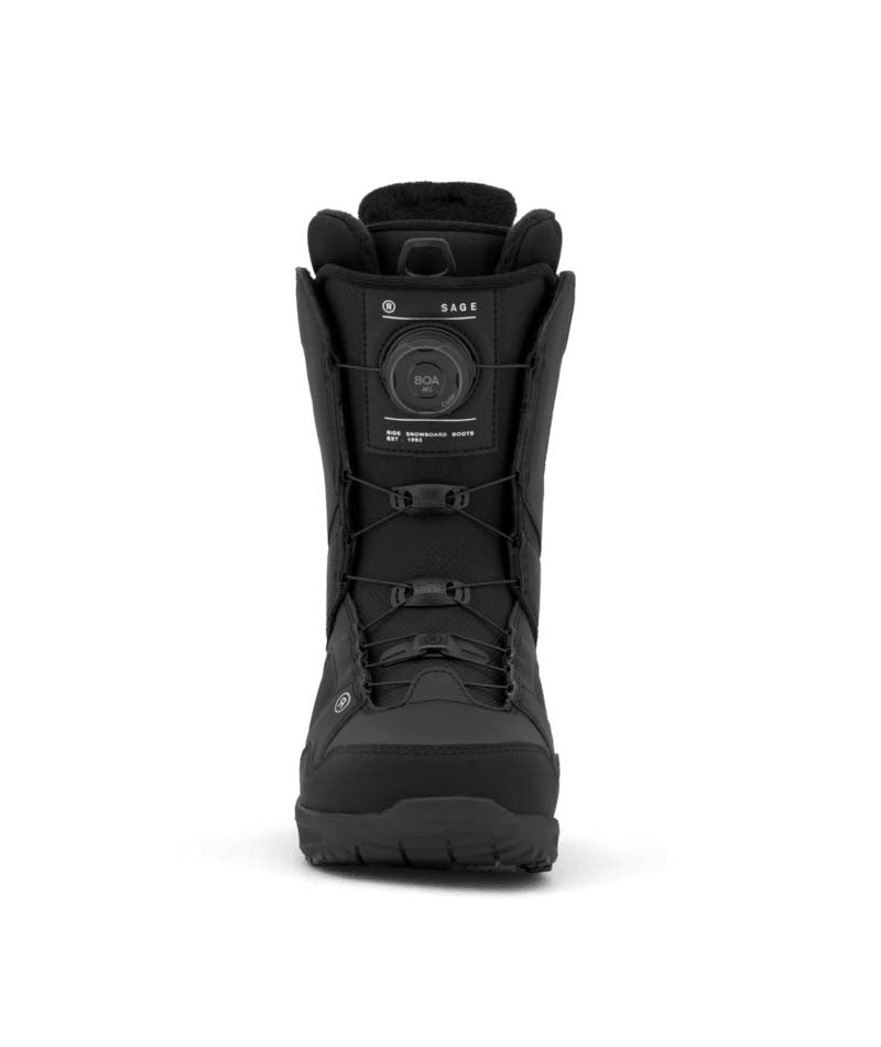 Sage- Black snowboard boot on a white background