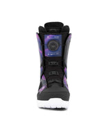 Sage- Black and purple snowboard boot on a white background