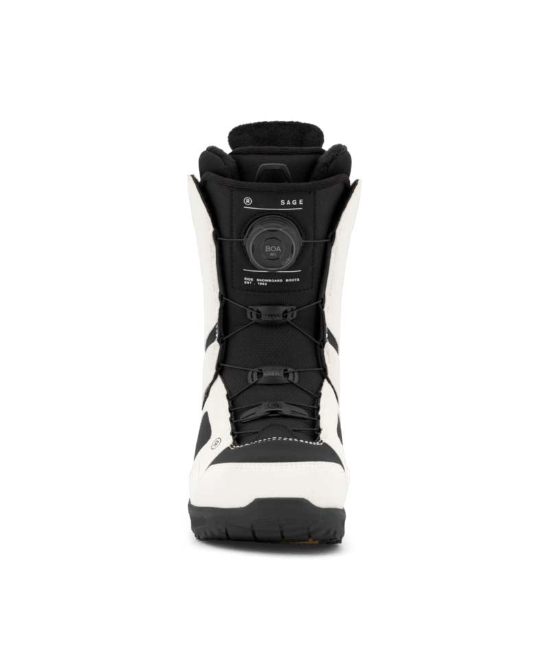 Sage- Black and white snowboard boot on a white background