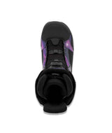 Sage- Black and purple snowboard boot on a white background