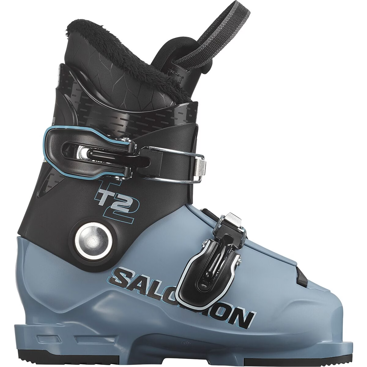 T2RT- A kid's Salomon T2 RT ski boot in blue with black straps and buckles, and a visible logo.