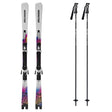 AddiktPro66-Salomon skis with colorful pattern and ski poles on a white background