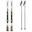AddiktPro76- Pair of Salomon skis with colorful design and two ski poles on a white background