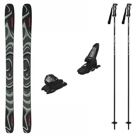 QST100- Ski set with skis, bindings, and poles on a white background