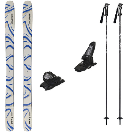 QST 106-Ski set with two skis, a pair of ski boots, and two ski poles on a white background.