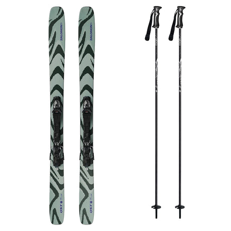 QST92-Pair of skis with bindings and two ski poles on a white background