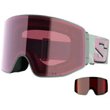 SalomonSentryPrimeSigma-A pair of snow goggles with a large tinted pink lens, a gray frame, and a light gray strap featuring a pink 'S' logo. A smaller inset image in the bottom right shows an alternative dark red-tinted lens option.