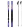 Stance84-Pair of purple skis with bindings and two ski poles on a white background