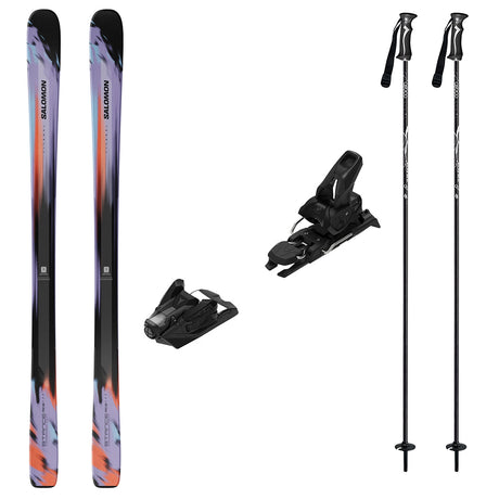 StancePro86- Pair of Salomon skis with bindings and ski poles on a white background