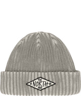 SaltyLinedSEBeanie-Gray knit beanie with The North Face logo on a white background
