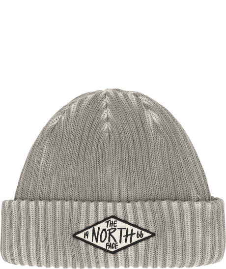 SaltyLinedSEBeanie-Gray knit beanie with The North Face logo on a white background