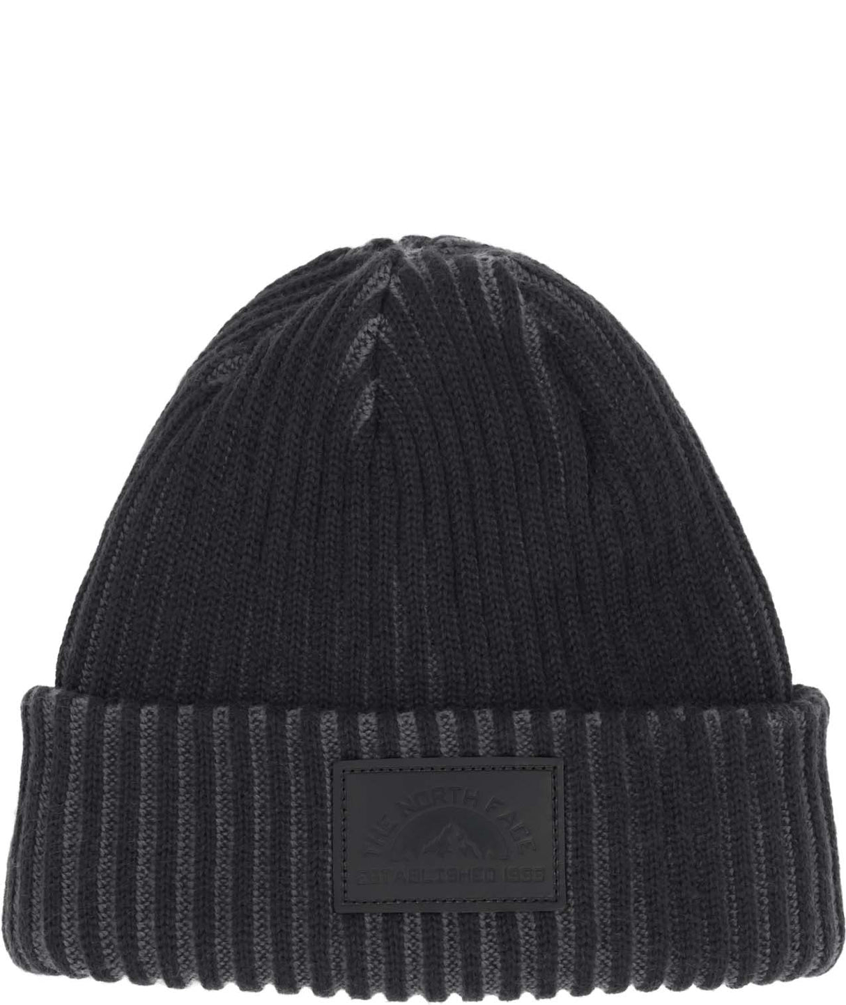 SaltyLinedSEBeanie-Black beanie with a logo patch on a white background