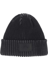 SaltyLinedSEBeanie-Black beanie with a logo patch on a white background