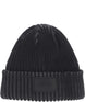 SaltyLinedSEBeanie-Black beanie with a logo patch on a white background