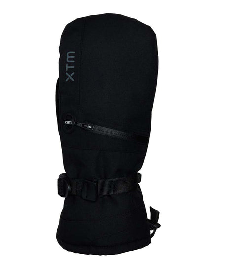 SamuraiMitt-A black insulated mitt with a vertical zipper, a horizontal zip pocket, and an adjustable strap closure, shown on a plain white background. The brand name 'XTM' is printed vertically in gray on the upper left side.