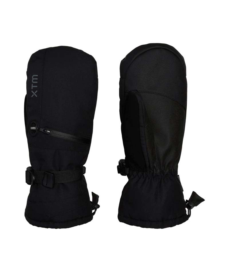 SamuraiMitt-A pair of black insulated winter gloves shown from the front and back against a plain white background. The left glove shows a vertical 'XTM' logo on the upper section and a zippered pocket.