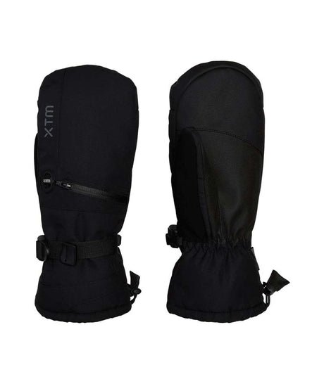 SamuraiMitt-A pair of black insulated winter gloves shown from the front and back against a plain white background. The left glove shows a vertical 'XTM' logo on the upper section and a zippered pocket.