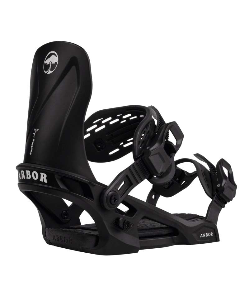Sapling- Black and white snowboard binding on a white background