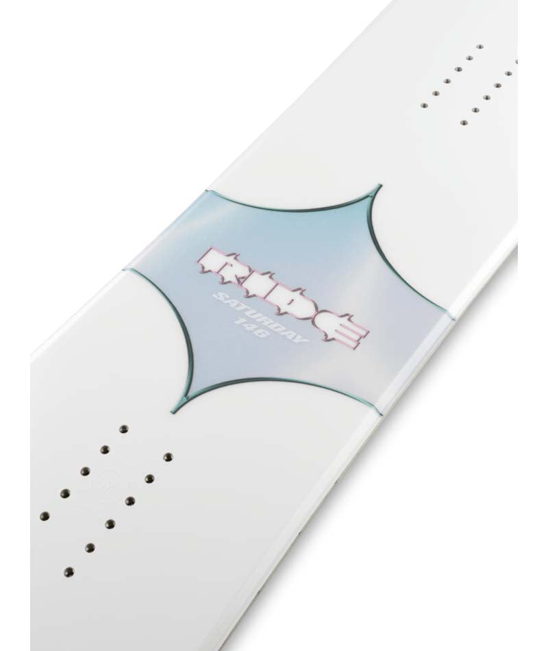 Saturday- White, light blue, and pink snowboard on a white background