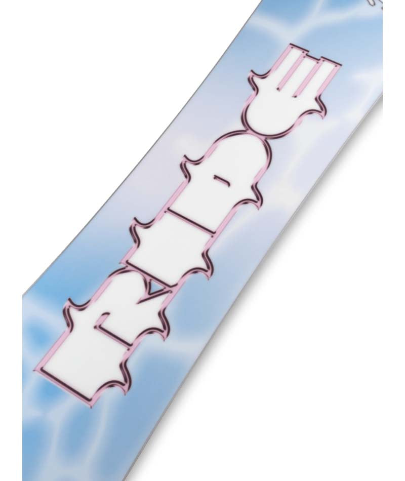 Saturday- White, light blue, and pink snowboard on a white background