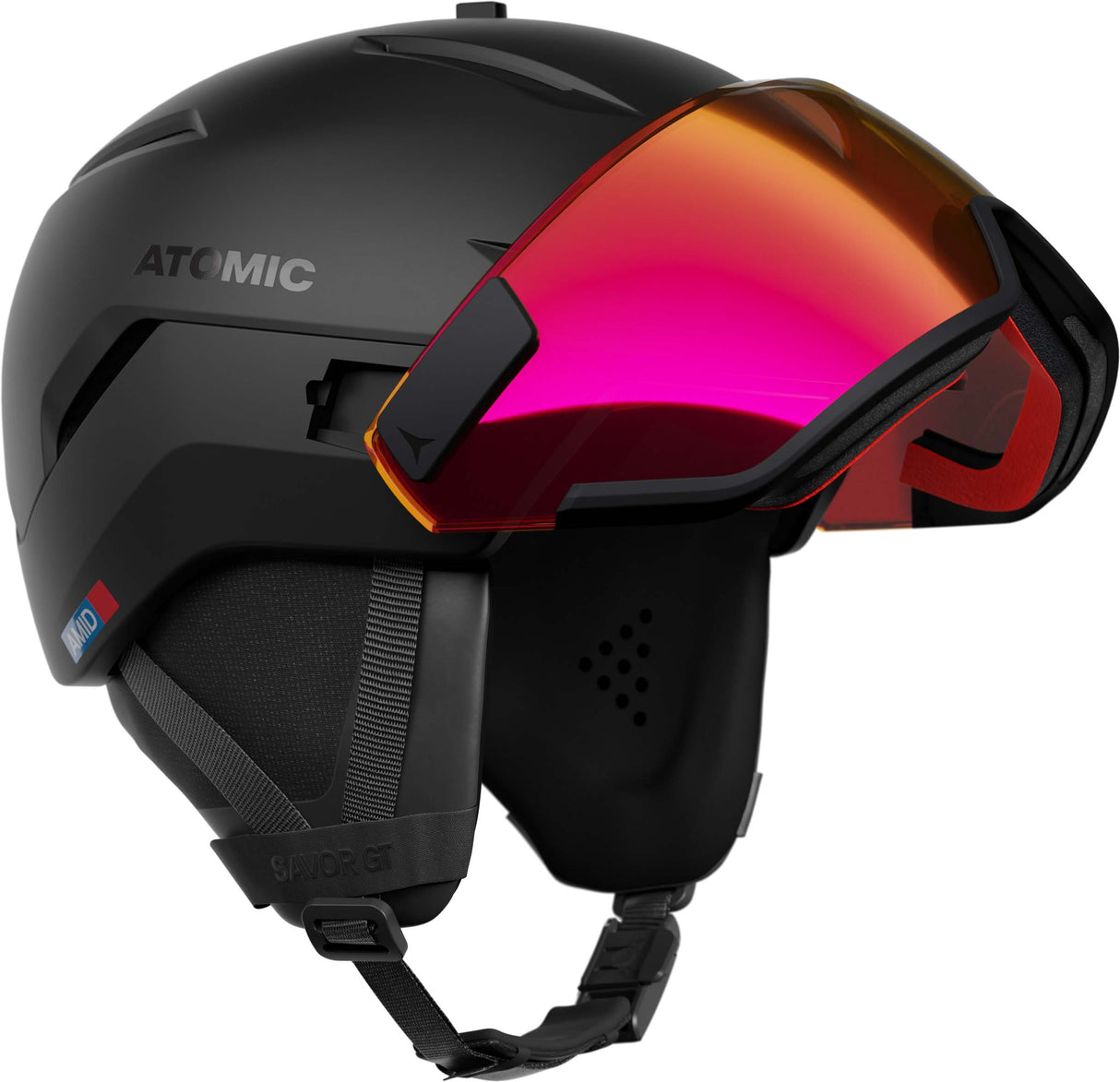 SavorGTVisorPhoto- Black Atomic helmet with a red visor and a black chin strap on a white background