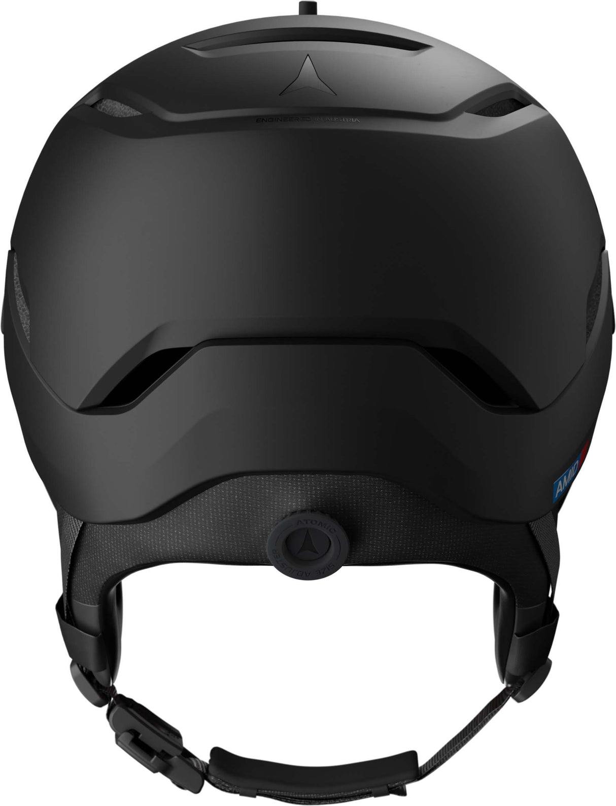SavorGTVisorPhoto- Black Atomic helmet with a red visor and a black chin strap on a white background
