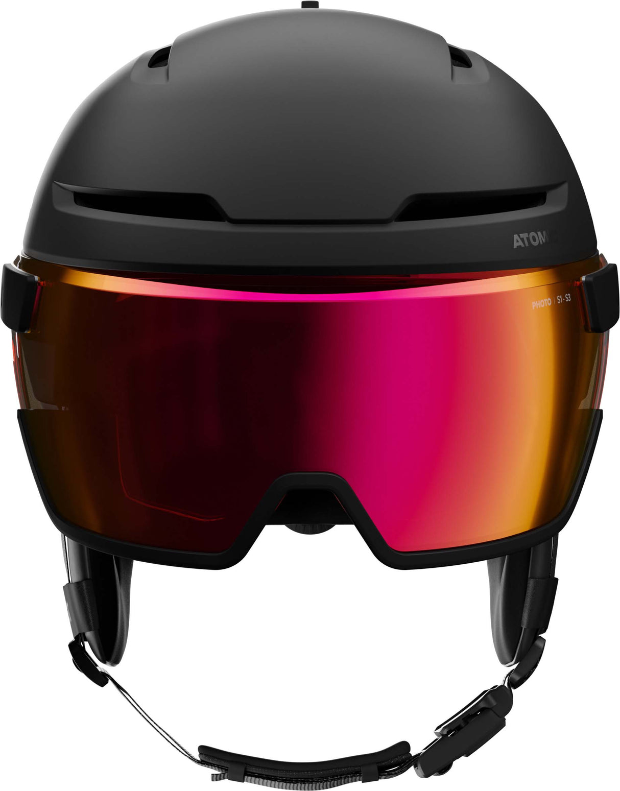SavorGTVisorPhoto- Black Atomic helmet with a red visor and a black chin strap on a white background
