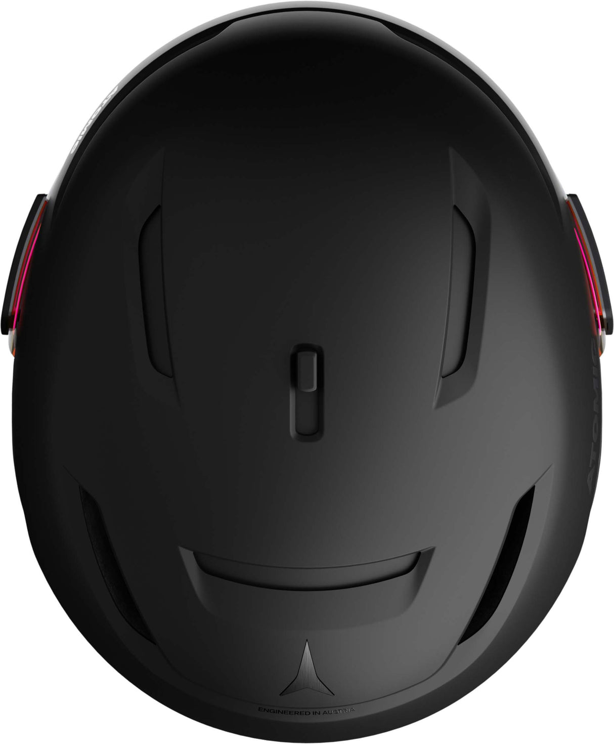 SavorGTVisorPhoto- Black Atomic helmet with a red visor and a black chin strap on a white background