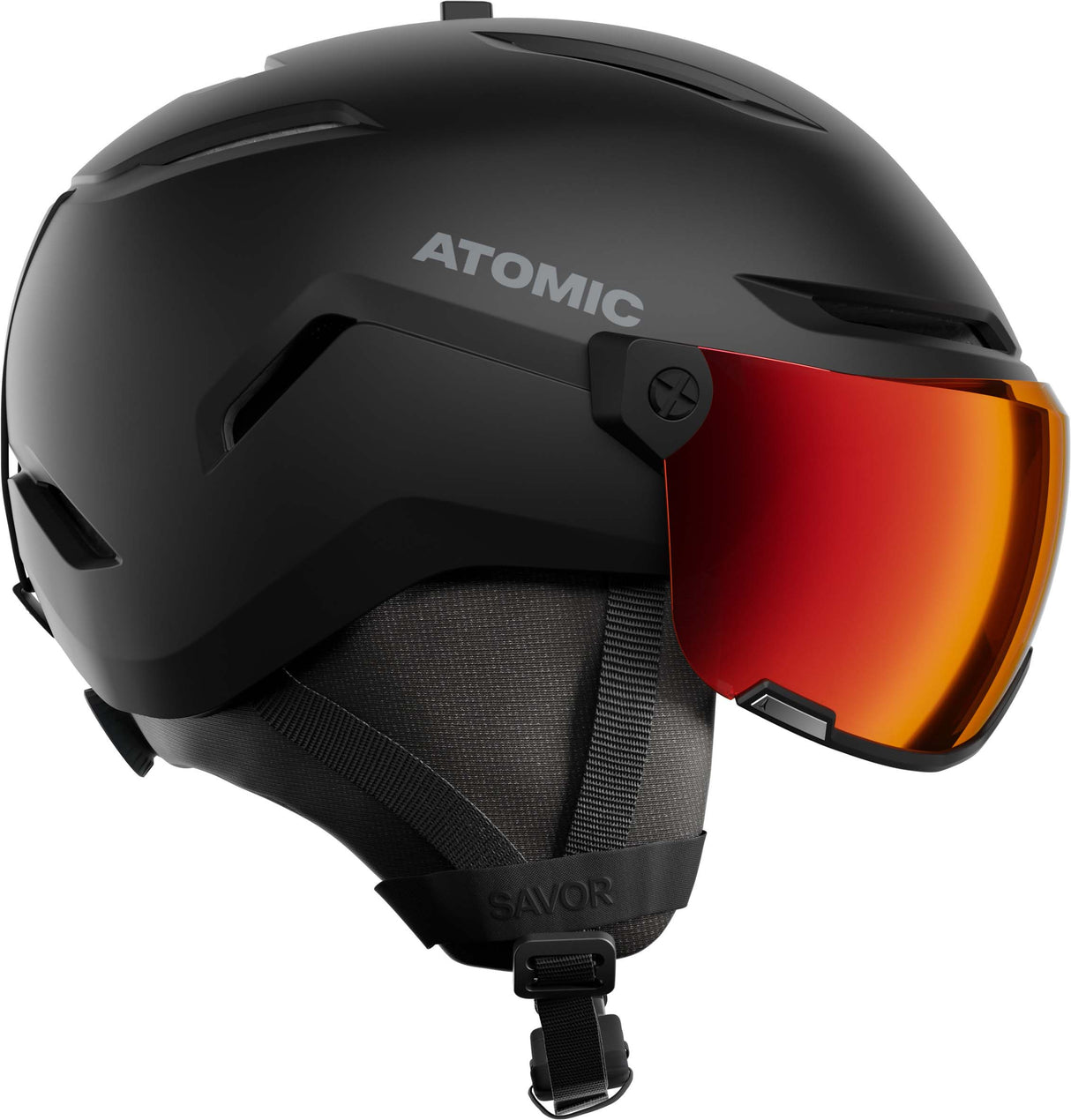 SavorVisorStereo-Black ski helmet with red lens and 'Atomic' branding on a white background
